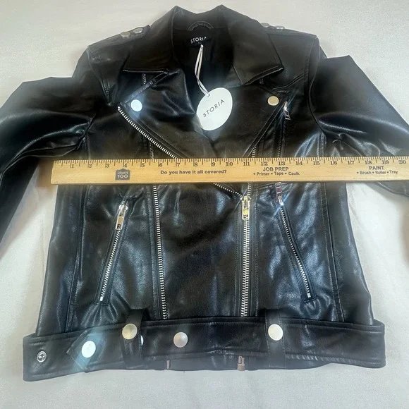 Storia Rare Faux Leather Moto BikerJacket Black Sample Piece Women's Sz S NWT